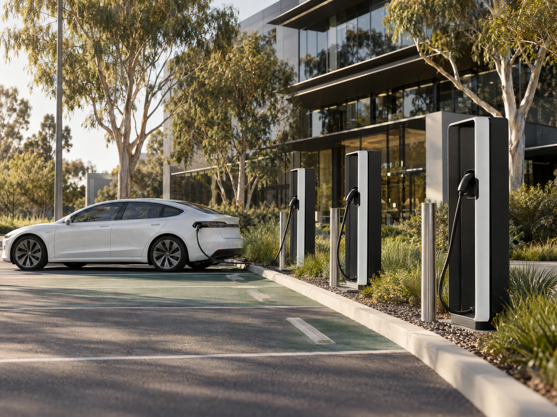 Illustrative workplace car park with EV charging stations