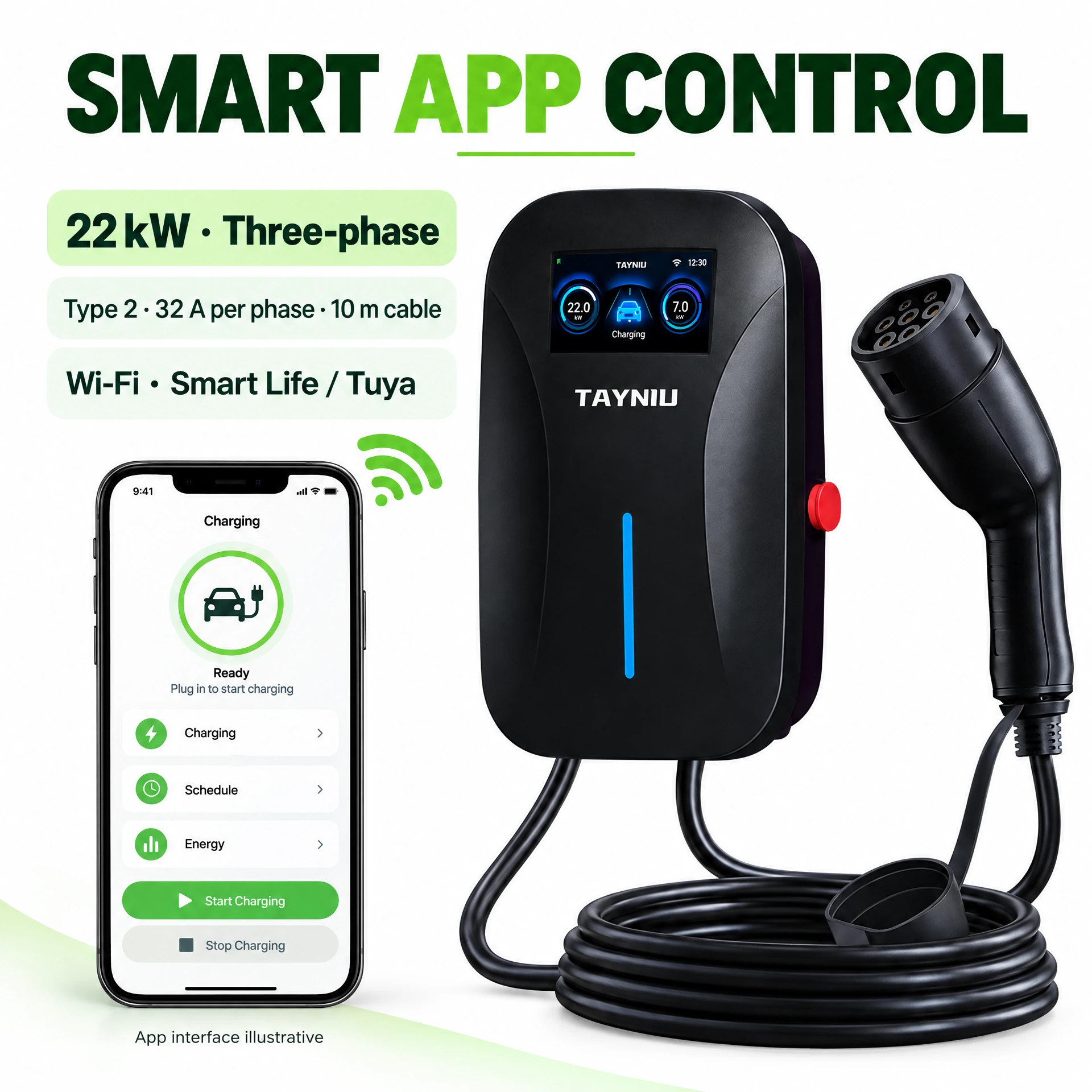 TAYNIU 22 kW three-phase smart Type 2 wallbox with a 10 m cable and a phone illustrating Wi-Fi Smart Life / Tuya App control