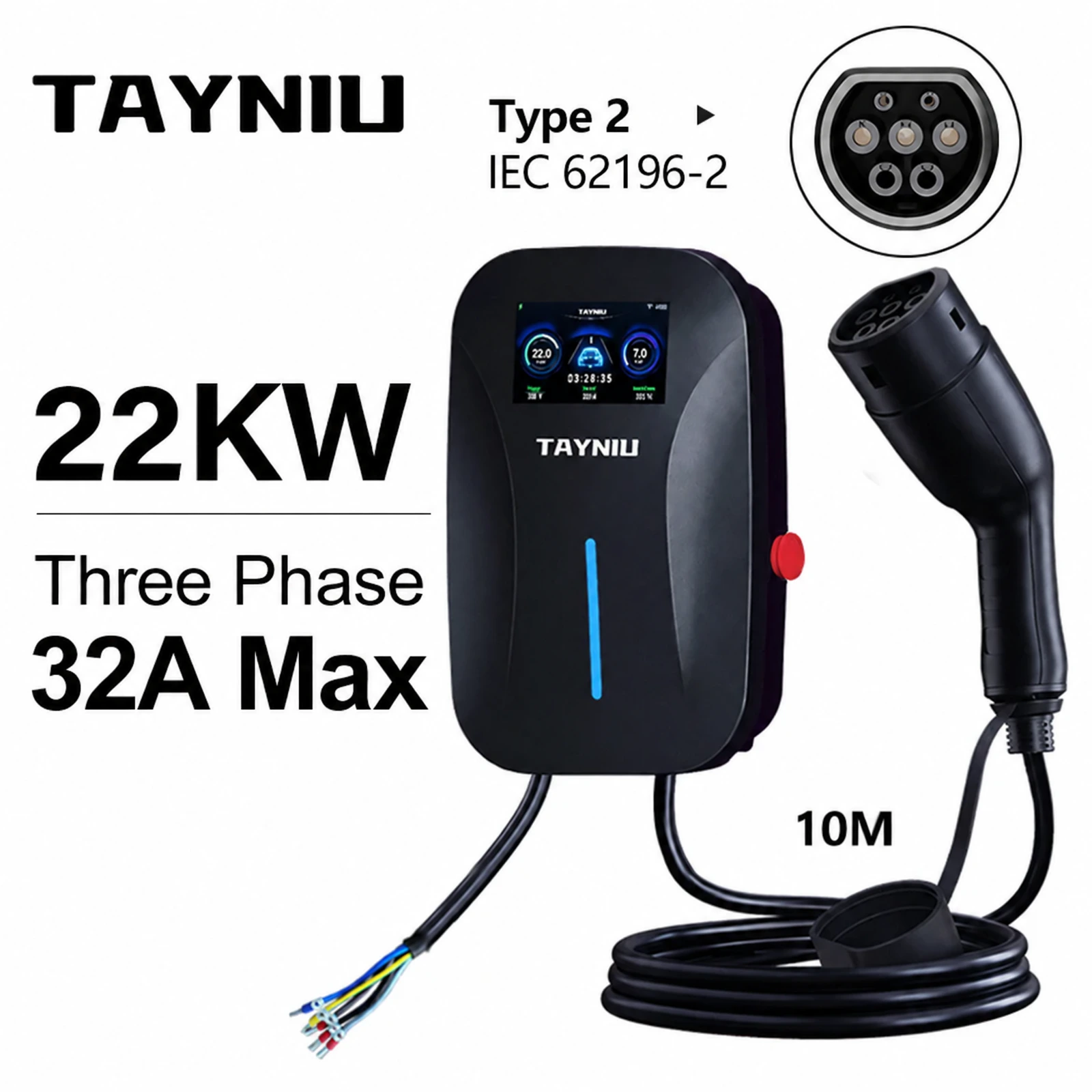 TAYNIU 22 kW three-phase Type 2 32 A wallbox, shown with the EVCS 10 m cable configuration