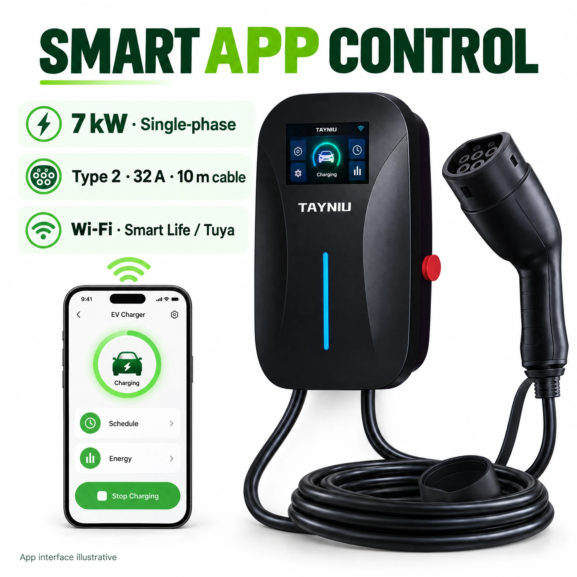 TAYNIU 7 kW single-phase smart Type 2 wallbox with a 10 m cable and a phone illustrating Wi-Fi Smart Life / Tuya App control