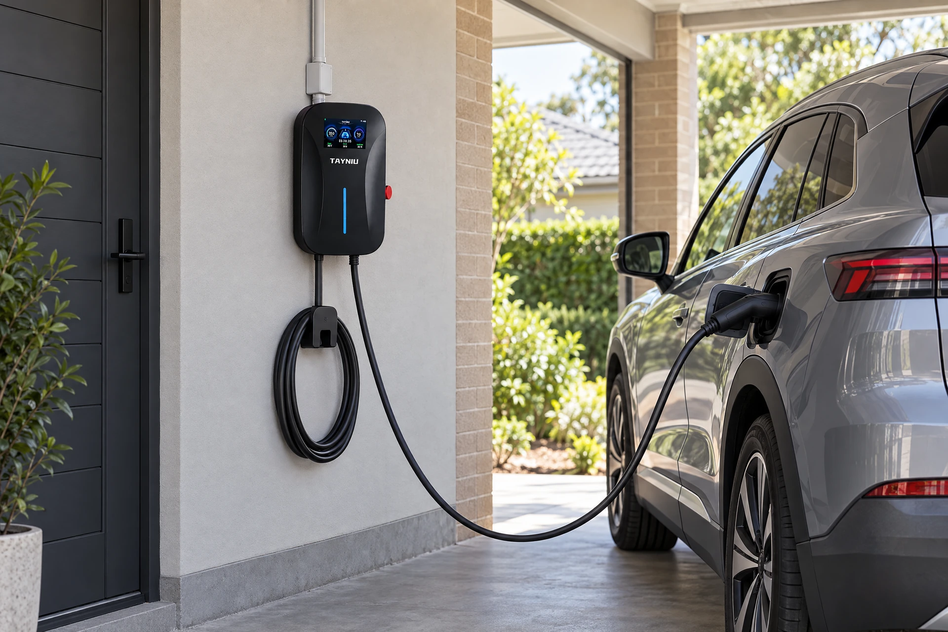 Completed home installation concept: a TAYNIU wallbox installed on a garage wall, with tidy cable management and a vehicle connected for charging